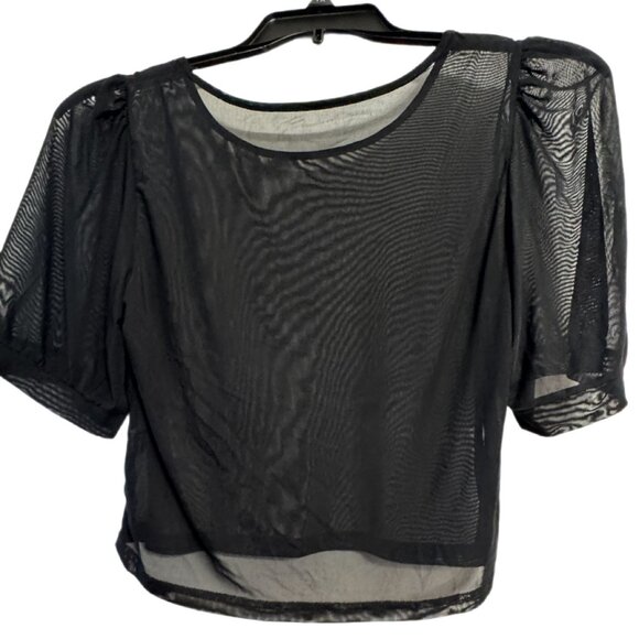 Dazy Black Sheer Mesh Blouse, Puff Sleeve Casual Chic Cropped Top Size XL - Picture 3 of 4